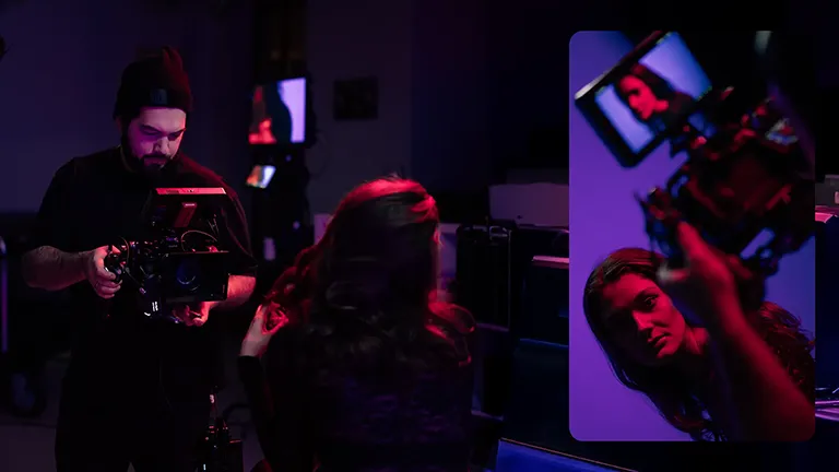 Studioshooting Foto und Videoproduktion mit Model Tessa Groitl in bunter Lichtstimmung